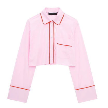 Spring Pink 2piece Set Woman Lapel Long Sleeves Single Breasted Shirts Crop Tops Female High Waist Wide Leg Pant