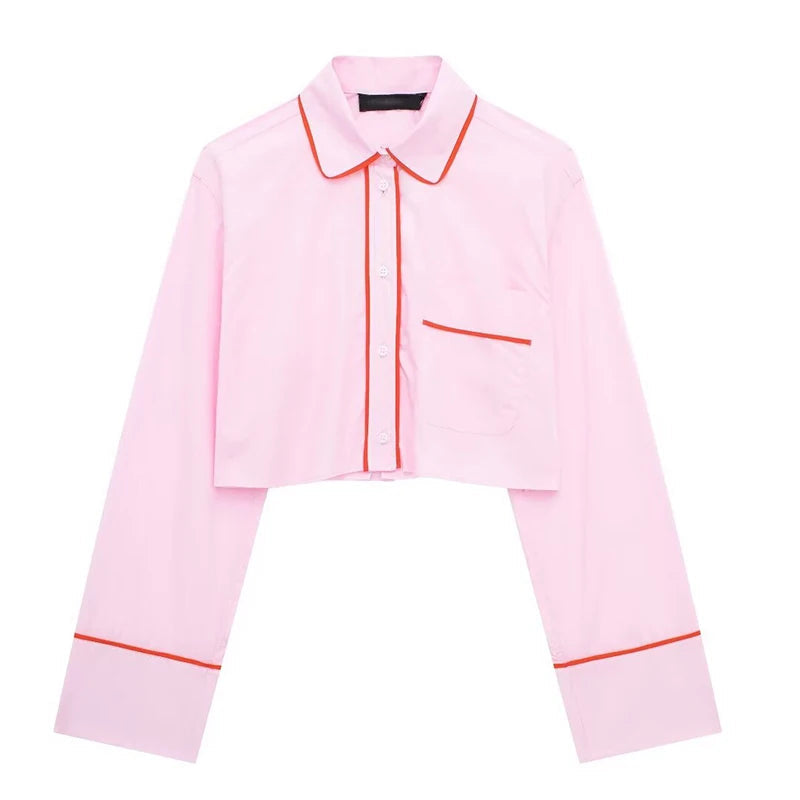 Spring Pink 2piece Set Woman Lapel Long Sleeves Single Breasted Shirts Crop Tops Female High Waist Wide Leg Pant