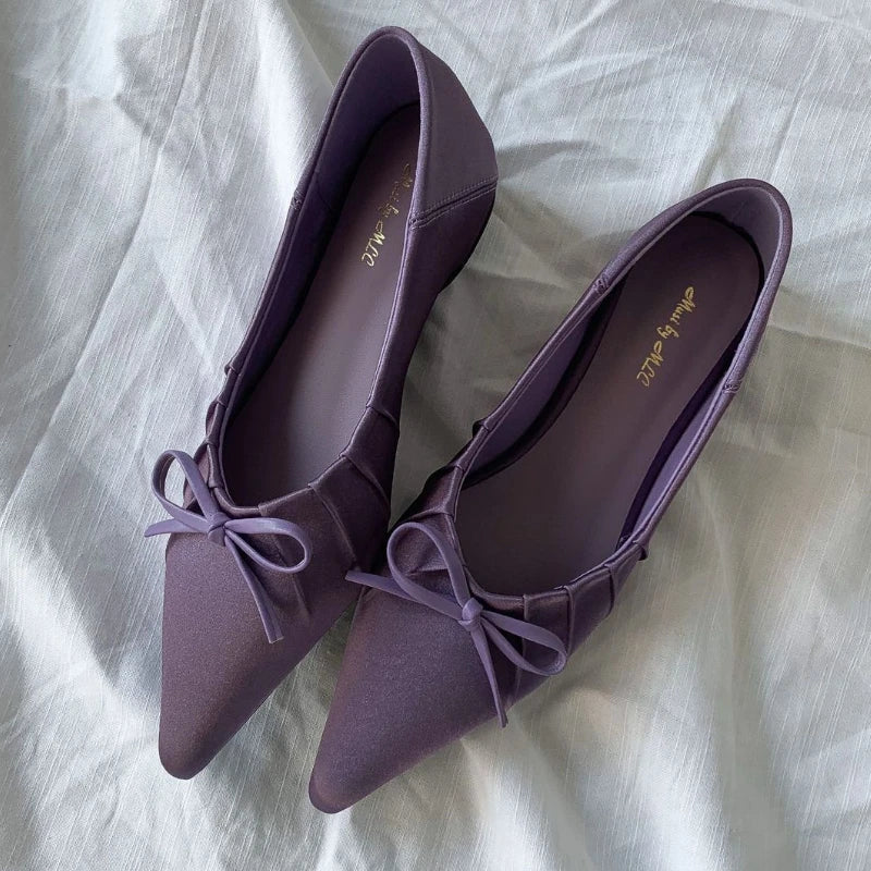 Satin Pleated Bow Flat Shoes Pointed Toe Brand Design Party Dress Shoes Comfortable Shallow Pumps