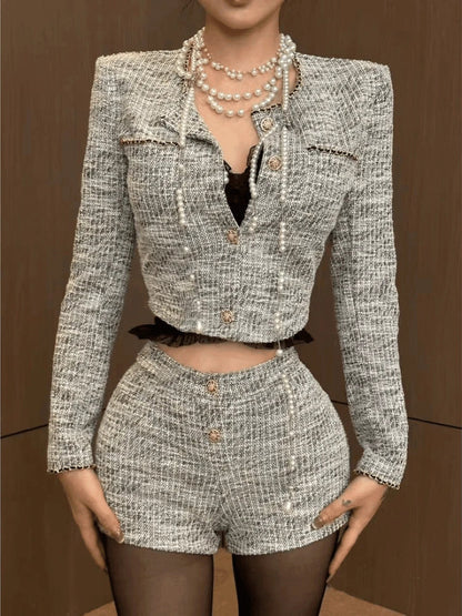 Autumn Korean Slim Outfits 2 Piece Set Y2k Office Lady Long Sleeve Short Coat + Bodycon Higt Waist Shorts New
