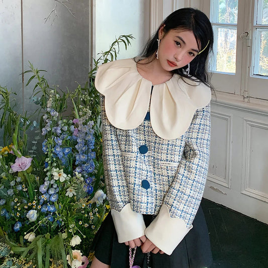 Spring New Petal Ruffled Collar Spliced Loose Tweed Coat Clothing Winter Coat High End Sweet Short Jackets Tops