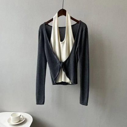 Korean Patchwork Halter Longsleeved Sweater Autumn New Fake Twopiece Knitted Tops