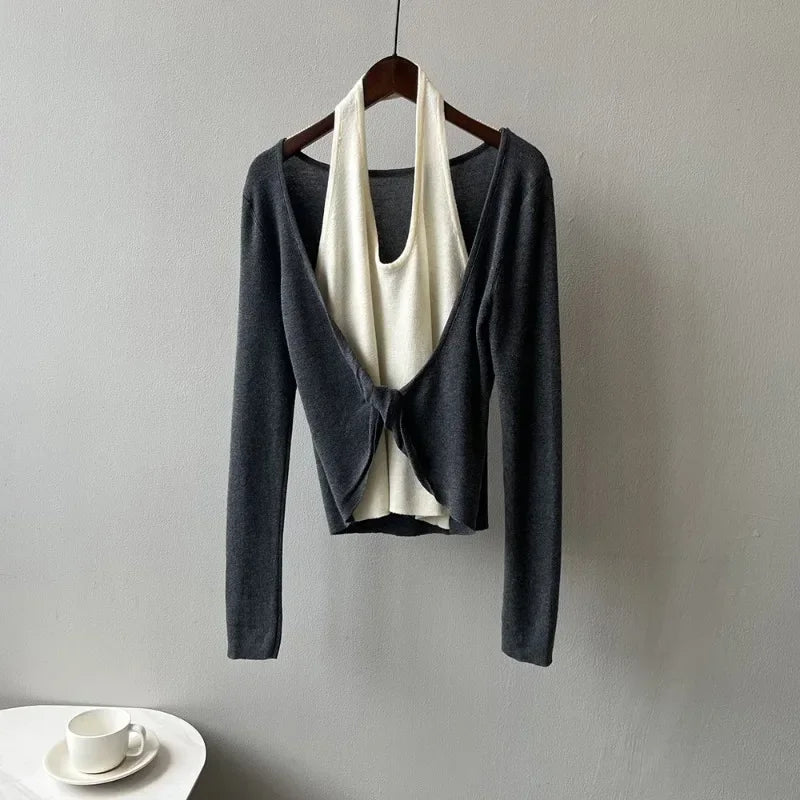 Korean Patchwork Halter Longsleeved Sweater Autumn New Fake Twopiece Knitted Tops
