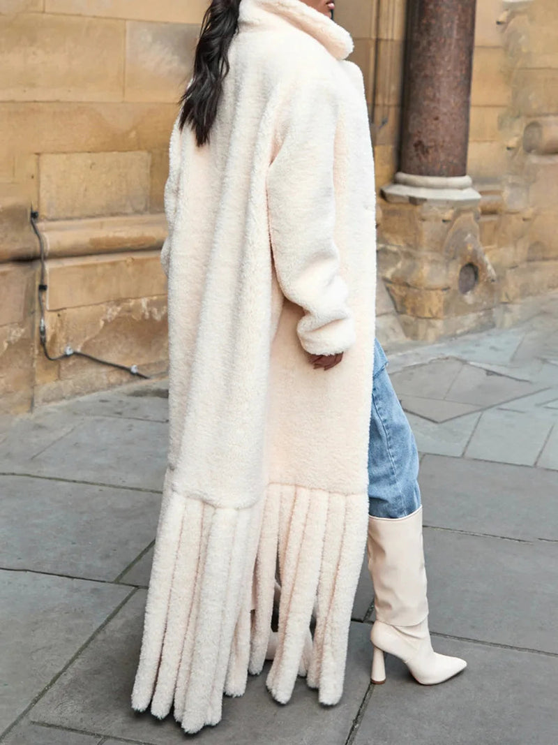 Faux Fur Warm Coat Lapel Loose Long Sleeve Hem Tassel Plush Overcoat Winter New Tide