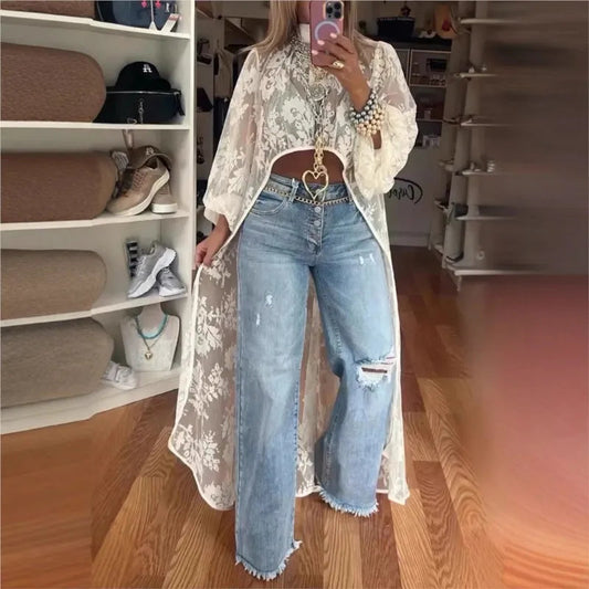 Lace High Neck Puff Sleeve Blouse