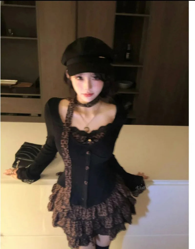 Sweet Hot Girl Suit Autumn Longsleeved Slim Cardigan Leopard Print Aline Skirt Twopiece Set Female Clothes