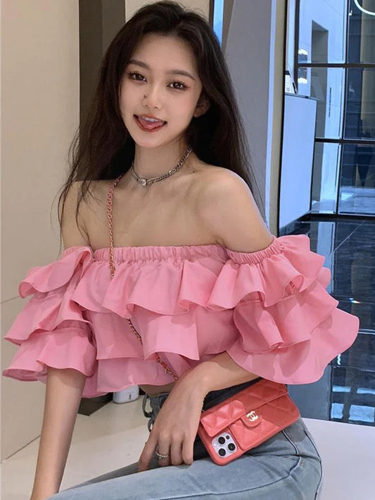 Korean Off Shoulder Woman Blouse Stacked Ruffles Crop Top Shirt Summer Designer Short Sleeve Chiffon New
