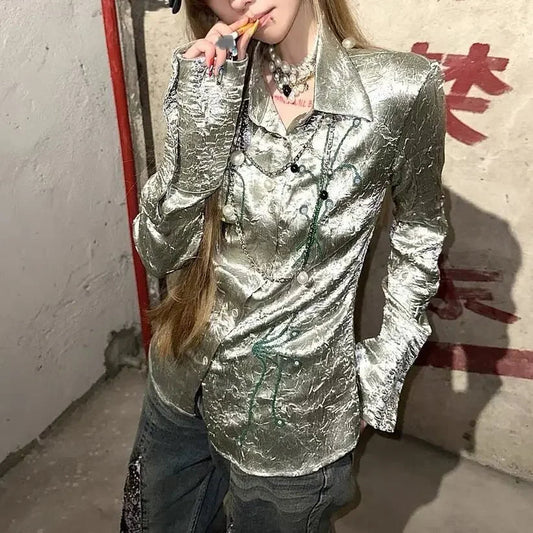 Metallic Luxurious Wrinkled Polo Collar Budding Plant Long Sleeve Shirts for Autumn New Loose Blouses Tops