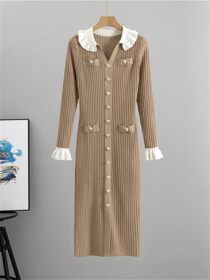 Winter Knitwear V-neck Maxi Dress Female Ruffled High Waist Cardigan Ribbed Sweater Party Dress ’s Knit Dress