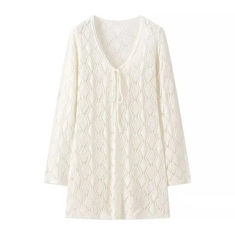 Hollow Out Knitted Beach Dress New V Neck Long Sleeve Lace-up Vestidos Summer Holiday Mini Dresses