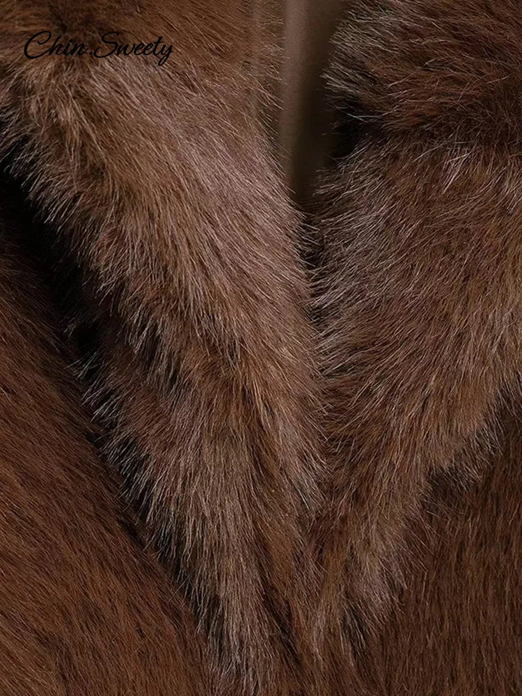 Brown Lapel Faux Fur Short Coat Fluffy Long Sleeve Warm Thick Loose Jacket Autumn Winter Lady High Street Outwear _
