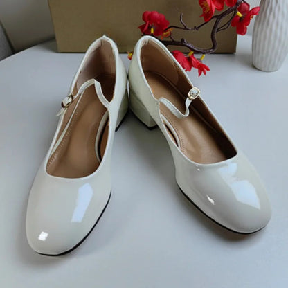 Patent Leather Mary Jane Shoes for Spring White Chunky Low Heels Brand Designer Dress Office Lady Pumps
