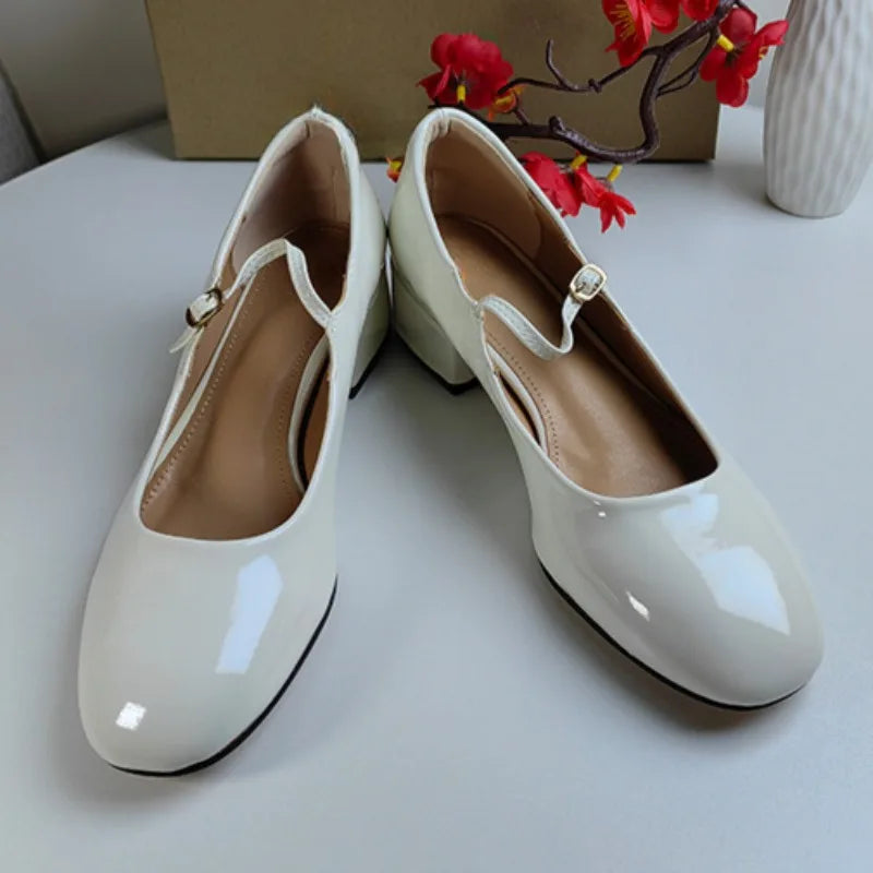 Patent Leather Mary Jane Shoes for Spring White Chunky Low Heels Brand Designer Dress Office Lady Pumps