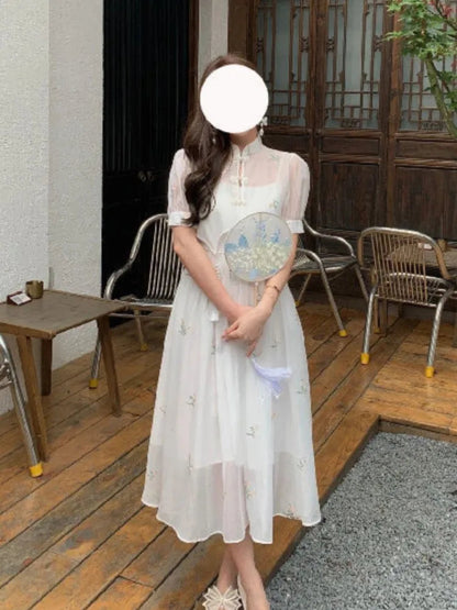 Dress Sets Summer Chinese Style Hight Waist Mesh Midi Dresses Gentle Wind Female Dress Vestidos