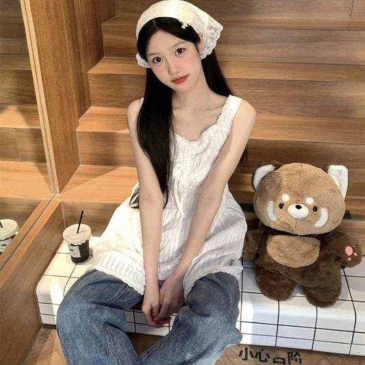 White Camis Dresses Summer French Sweet Lace Patchwork Spaghetti Strap Dress Korean Kawaii Female Mini Dress Tops