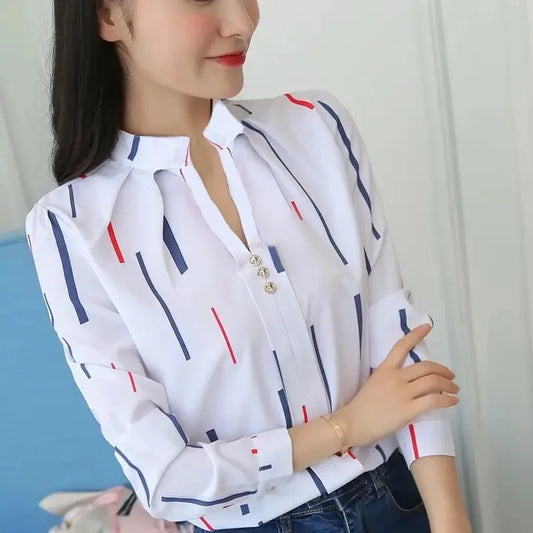 White Tops Blouses Stripe Print Long Sleeve Office Lady Ol Shirts Slim Blusas Df4970