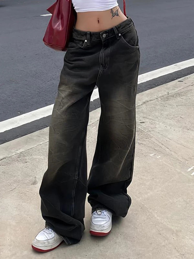 American Retro Straight Leg Jeans Woman Street Style Distressed Denim Pants