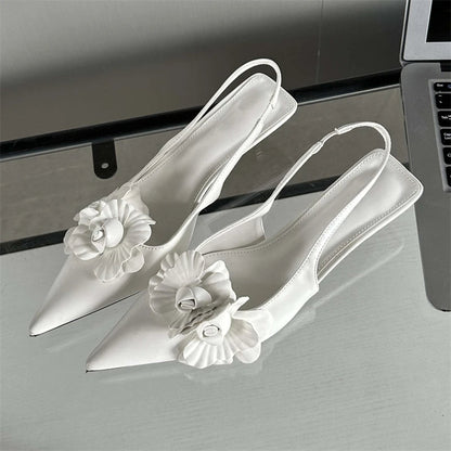 Flower Pointed Toe Thin Low Heels Pumps Wedding Slingback Shoes Mules Zapatos De Mujer