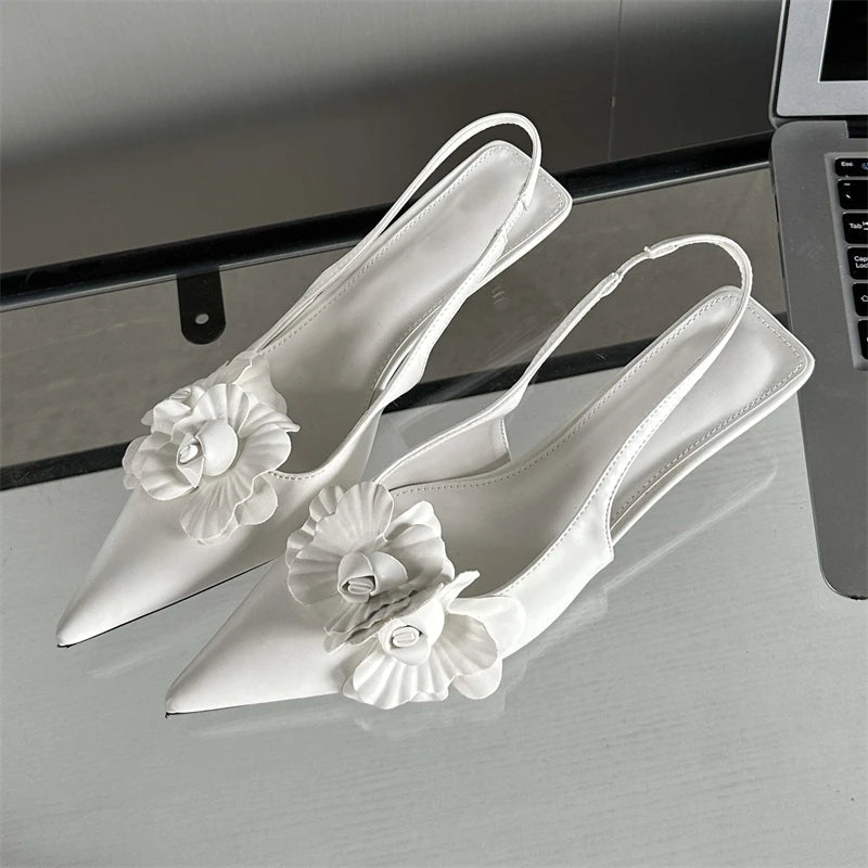 Flower Pointed Toe Thin Low Heels Pumps Wedding Slingback Shoes Mules Zapatos De Mujer