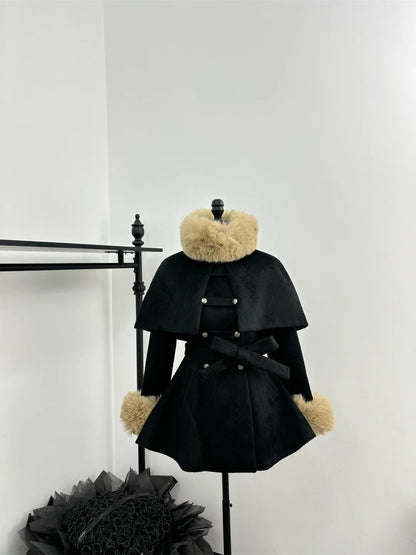 Sweet Hot Girl Detachable Cape Woolen Coat Autumn/winter Slim Fur Double Breasted Aline Coat Female Clothes
