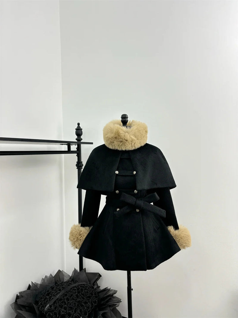 Sweet Hot Girl Detachable Cape Woolen Coat Autumn/winter Slim Fur Double Breasted Aline Coat Female Clothes