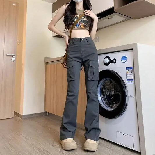 Pants for Autumn New High Waist Retro Spicy Girl Flare Pants Y2k Elastic Jeans Gray Wide Leg Pants