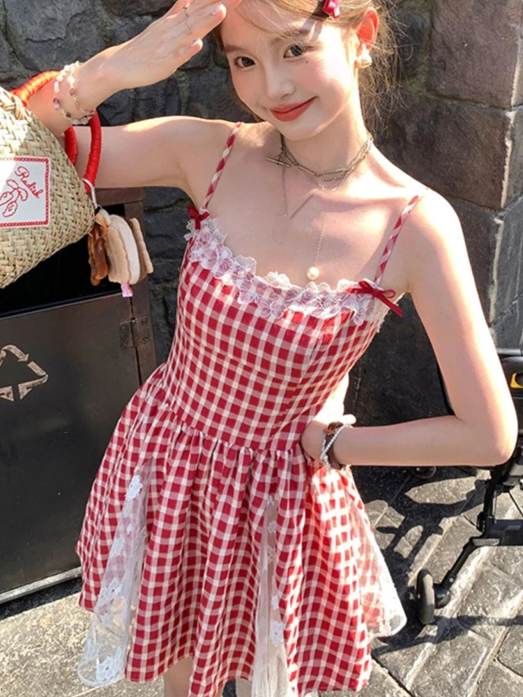 Y2k Red Plaid Mini Dresses for Spaghetti Strap Lace Patchwork A-line Birthday Party Dress Korean One Piece Vestido