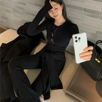 Autumn New Laceup Color Wide Leg Pants + Slim Longsleeved Tshirt Twopiece Suit