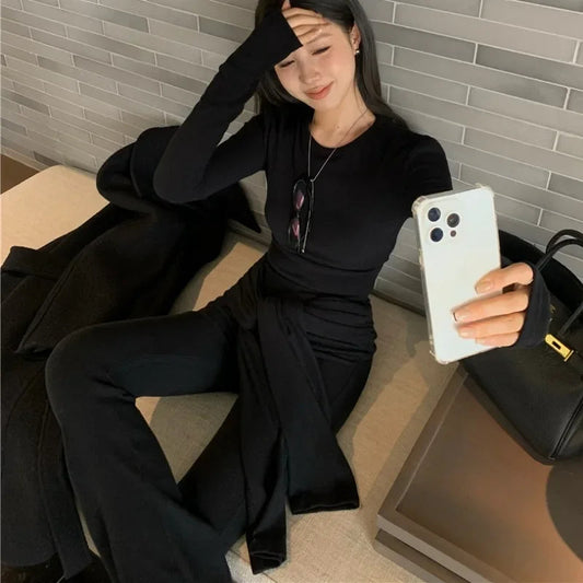Autumn New Laceup Color Wide Leg Pants + Slim Longsleeved Tshirt Twopiece Suit