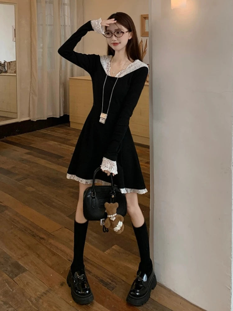 Black Mini Dress for Lace Hooded Long Sleeve Aline Dress French Style Spring Autumn Dress