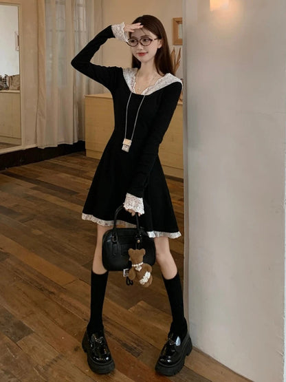 Black Mini Dress for Lace Hooded Long Sleeve Aline Dress French Style Spring Autumn Dress