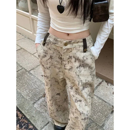 Contrast Color Patchwork Wide Leg Pants Autumn New Korean High Waist Allmatch Tiedye Loose Jeans