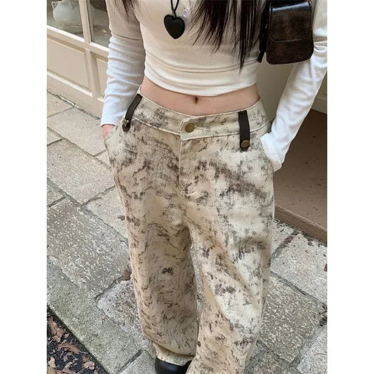 Contrast Color Patchwork Wide Leg Pants Autumn New Korean High Waist Allmatch Tiedye Loose Jeans
