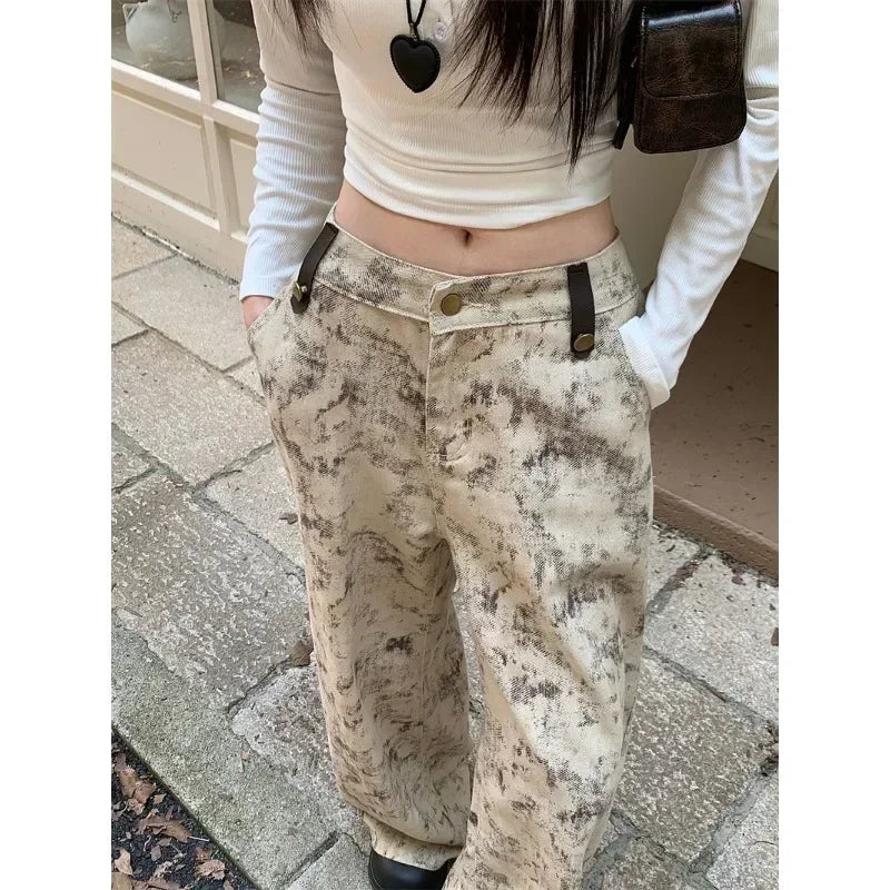 Contrast Color Patchwork Wide Leg Pants Autumn New Korean High Waist Allmatch Tiedye Loose Jeans