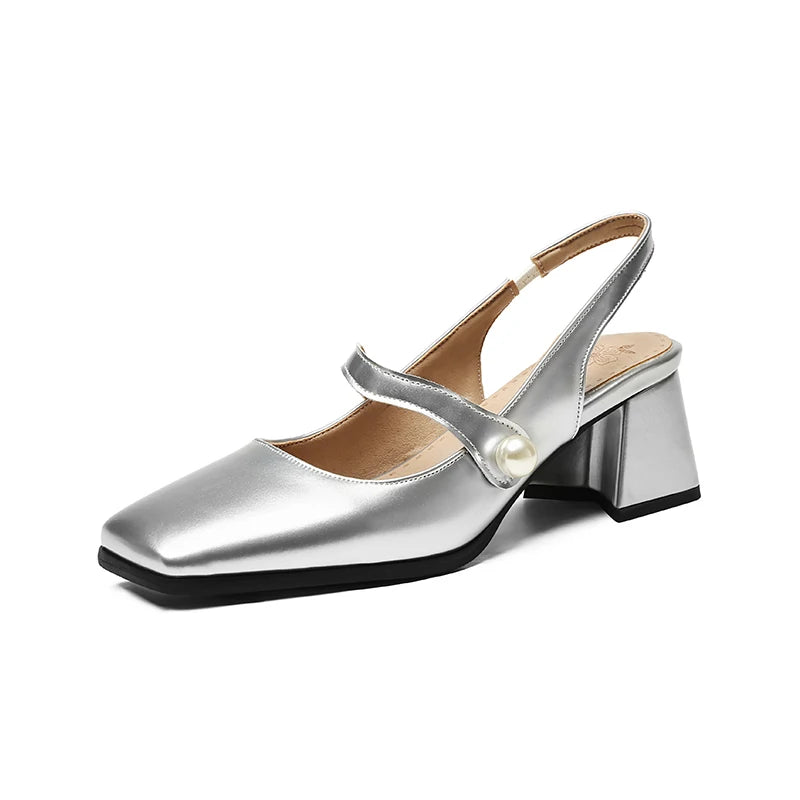 Pumps Slingback Sandals Square Toe Patent Leather Block High Heeled Mary Jane Shoes Gold Silver