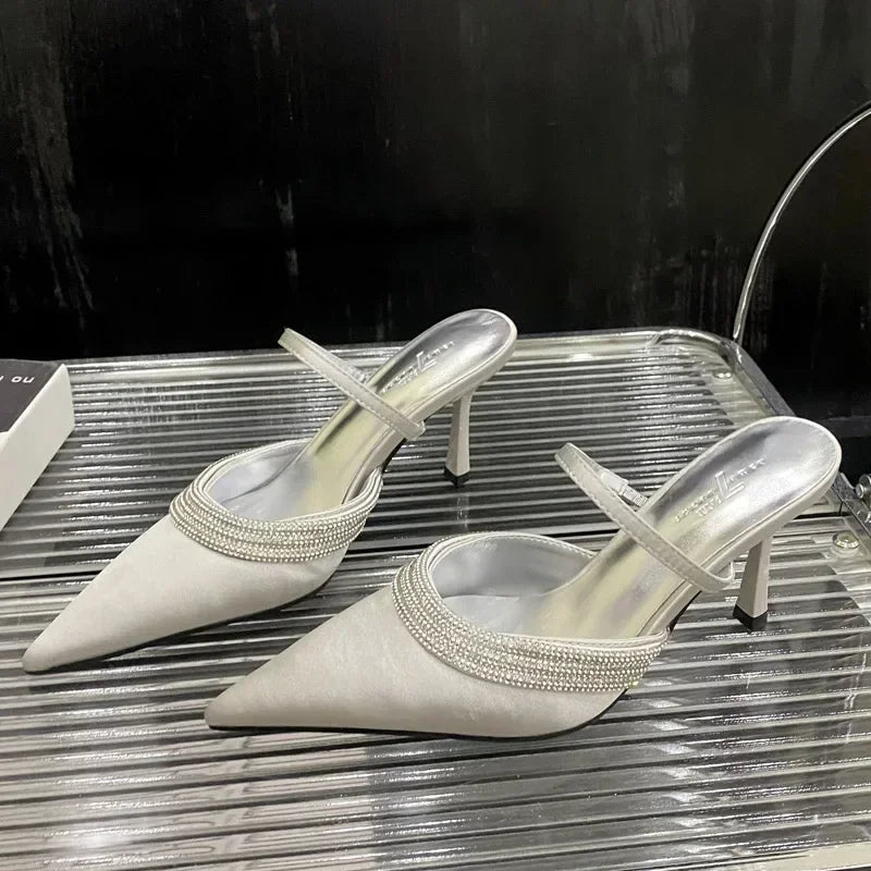 Pointed Toe Silk Thick Bottom High Heeled Slippers Tie Rhinestone Slingback Dress Tie Single Shoes