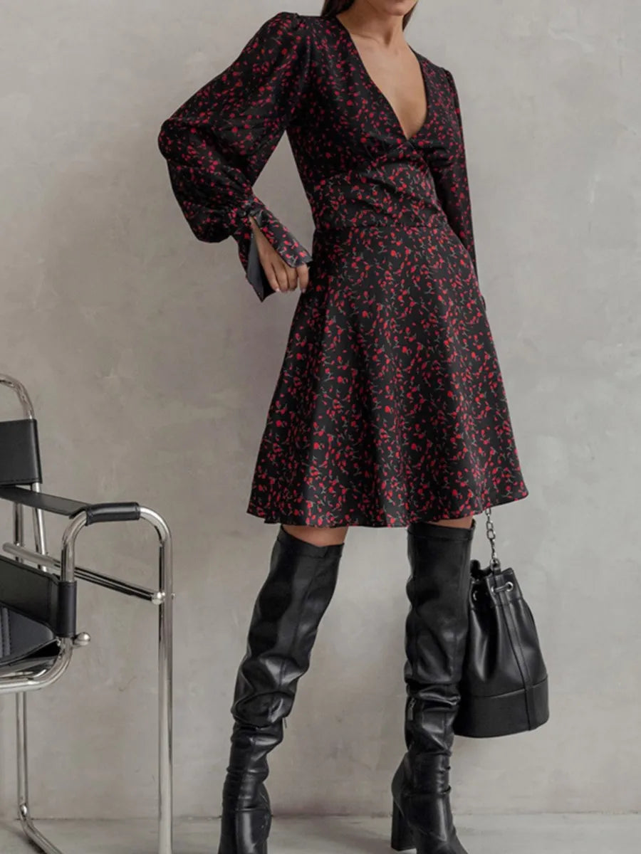 Printed Mini Dresses Deep V Neck Long Sleeve Waist Cinched Aline Vestidos Office Lady Dresses