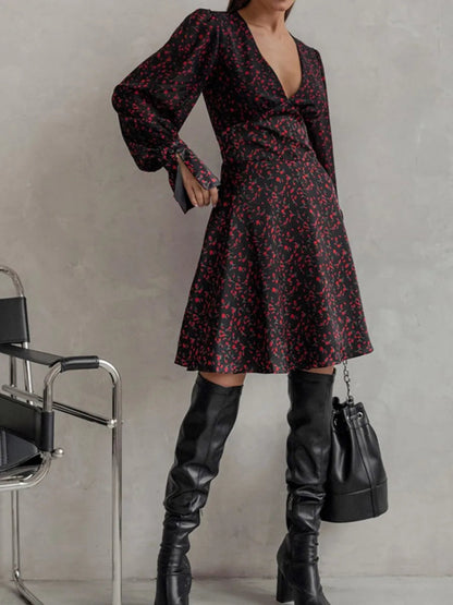 Printed Mini Dresses Deep V Neck Long Sleeve Waist Cinched Aline Vestidos Office Lady Dresses
