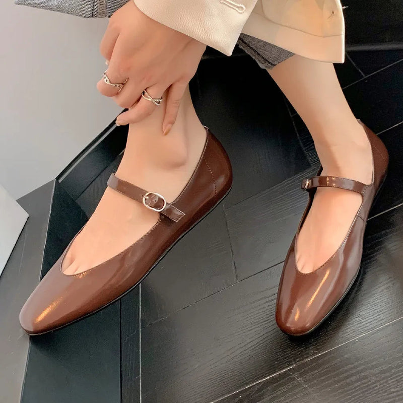Genuine Leather Sqaure Toe Mary Jane Ballet Flats Leisure Soft Comfortable Female Ballerians Espadrilles Shoes
