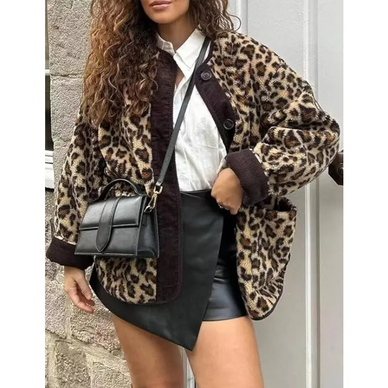 New Leopard Fuzzy Fleece Jacket Long Sleeve Open Front Coats Lightweight Outerwear With Pocket Thermal Top Jacket