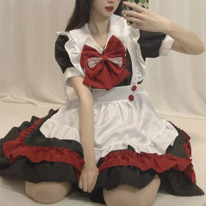 Black Red Lolita Cos Dress for Harajuku Sweet Vneck Bow Shorts Sleeve Dresses Y2k Egirl High Waist Vestidos Mujer