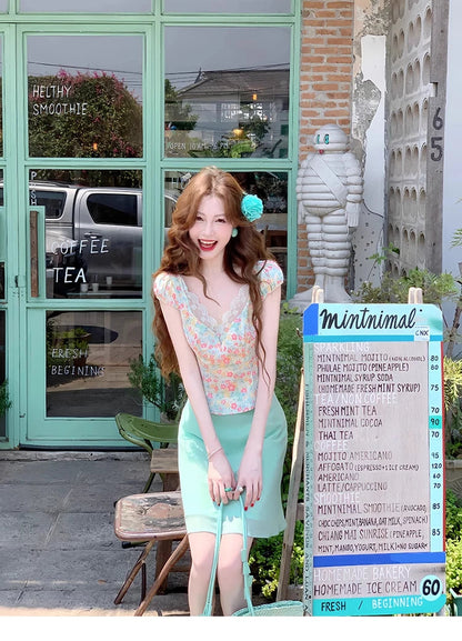 Suit Summer Lace Shortsleeved Tshirt High Waist Kneelength Skirt Twopiece Set Female Clothes