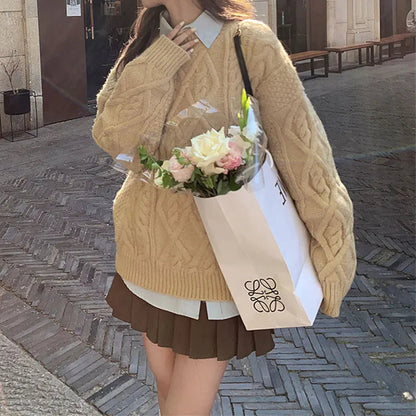 Thick Twisted Sweater Autumn Long Sleeve O-neck Female Knitted Pullover Loose Lady Kintwear Tops