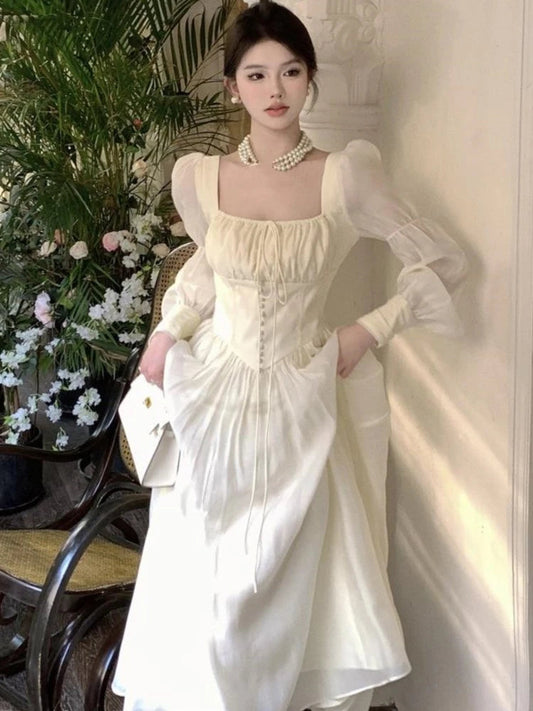 French Lantern Sleeve Lace Up Midi Dress Summer Square Neck Evening Party Prom Robe Female Vestidos Mujer Autumn