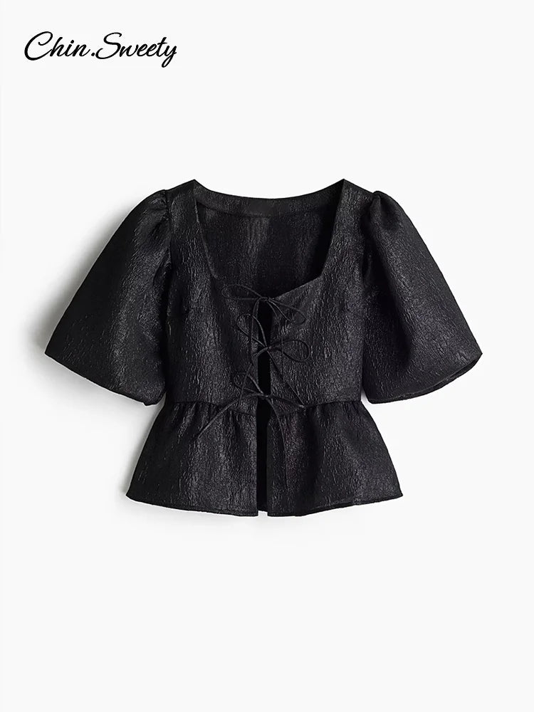 Square Collar Crop Blouses Lace Up Puff Short Sleeve Shirts Spring Summer Lady All-match Hollow Out Tops New