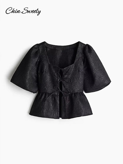 Square Collar Crop Blouses Lace Up Puff Short Sleeve Shirts Spring Summer Lady All-match Hollow Out Tops New