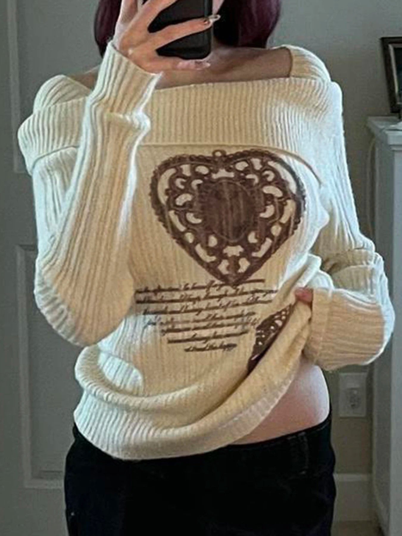 White Autumn Winter New Sweater Long Sleeve Y2k Retro Heart Print Top Off Shoulder Hotsweet Slim Pullovers