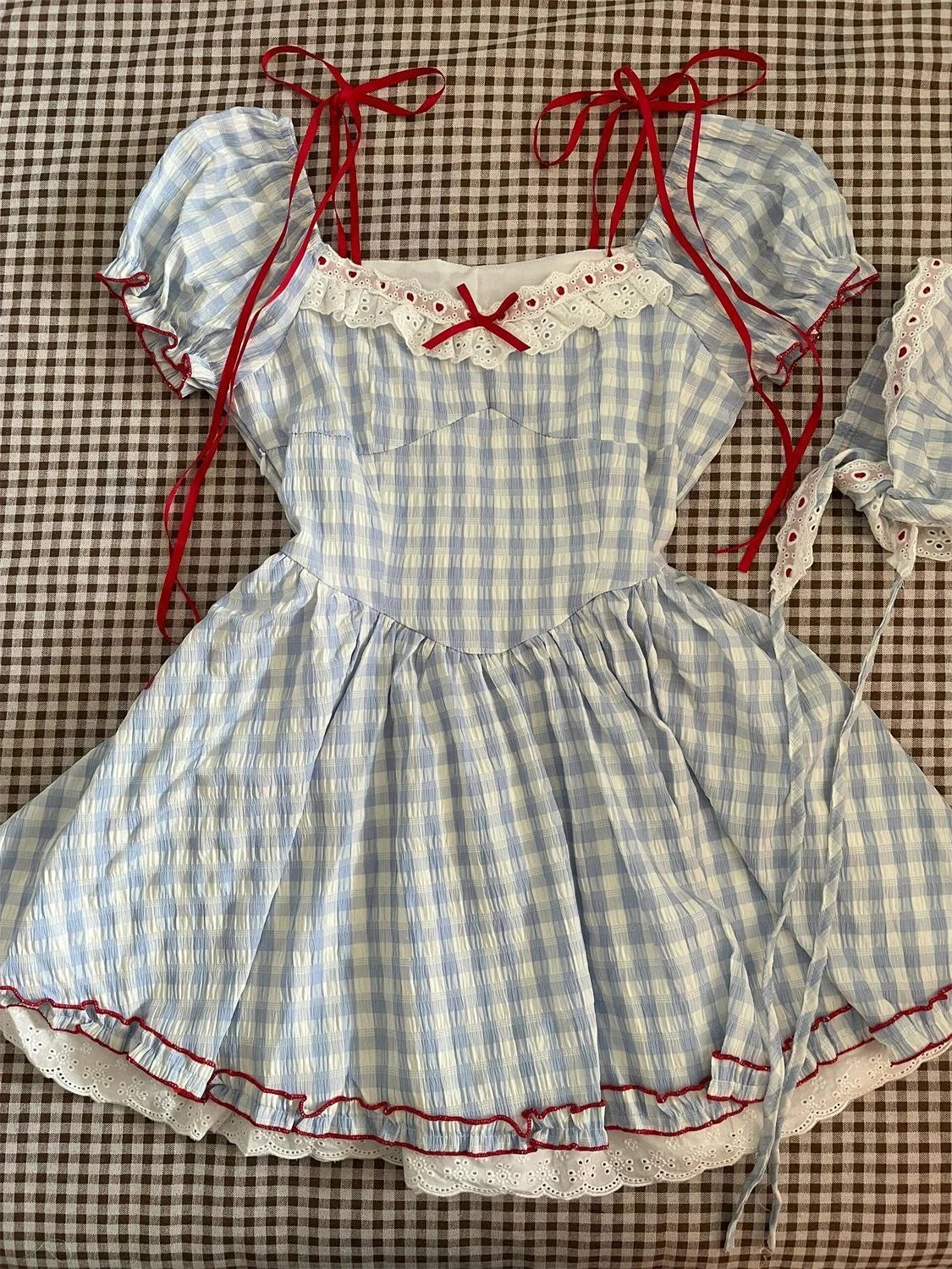 Japanese Kawaii Sweet Short Party Dress Sleeve Y2k Plaid Mini Dress Female Lolita Clothing Outfits