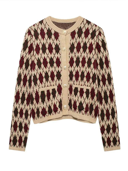 Check Plaid Knitted Cardigans Single Breasted Loose Sweaters Long Sleeve Coats Winter Lady Tops