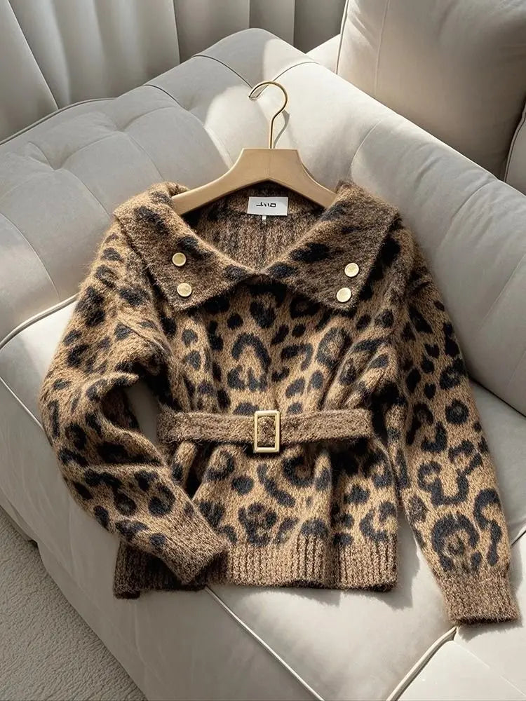 Leopard Brown Polo Collar Waist Belted Sweater Clothing Outerwear Winter New Loose Knitted Pullovers Tops